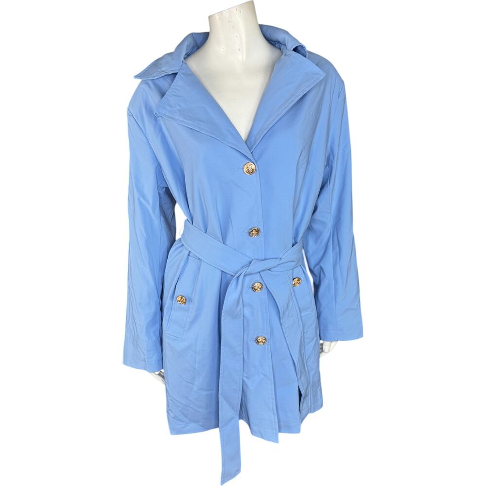 Dennis Basso Regular Water Resistant Trench Coat  Hood Pure Sky Blue‎ Med Petite